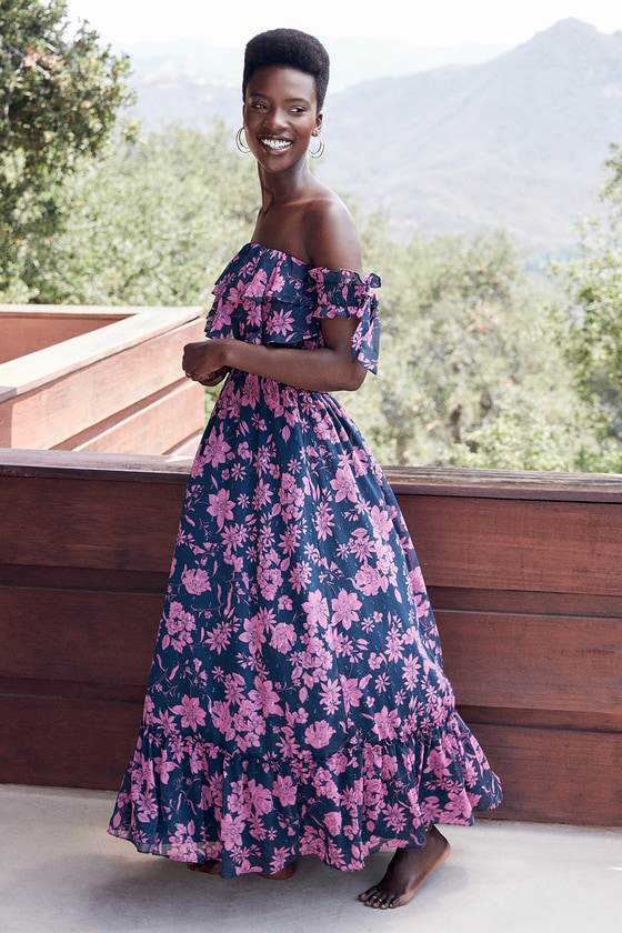 Love and Blooms Navy Blue Floral Print Off-the-Shoulder Dress