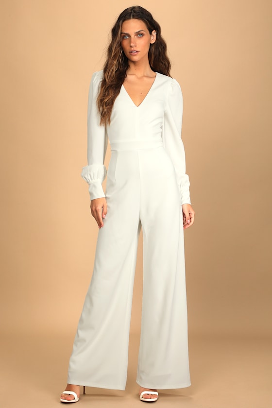 Celebrating Romance White Long Sleeve Wide-Leg Jumpsuit 4