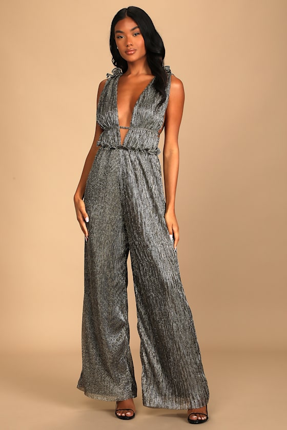 Party Factor Metallic Gold Multi Ruffled Wide-Leg Jumpsuit 4