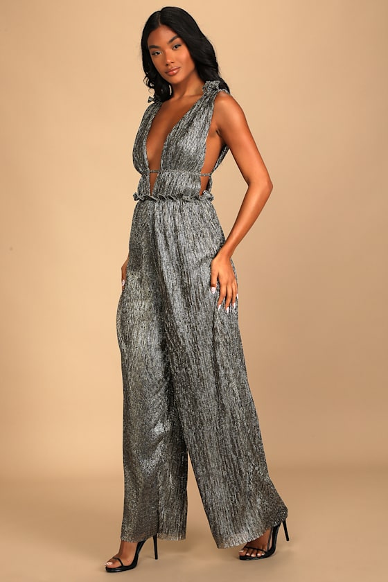 Party Factor Metallic Gold Multi Ruffled Wide-Leg Jumpsuit 6