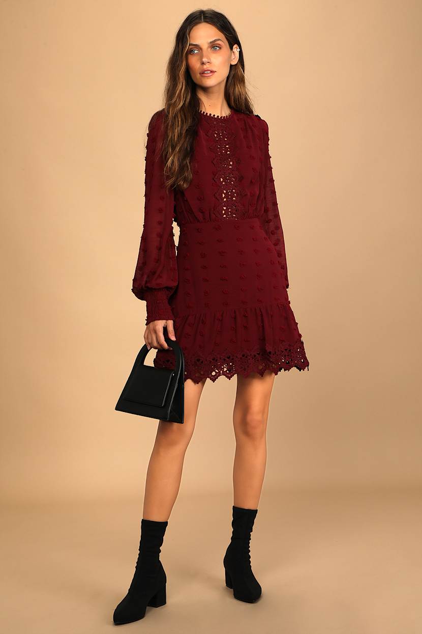 chinese dress ladies Wine Red Ball Gown Prom Dresses Lace Long Sleeves