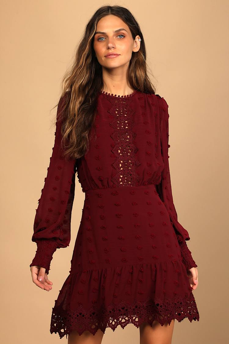 Wine Red Dress - Embroidered Long Sleeve Dress - Ruffled Dress - Lulus