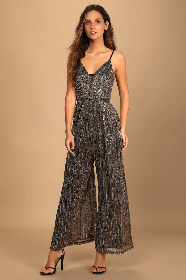 Disco Party Black Multi Metallic Wide-Leg Jumpsuit