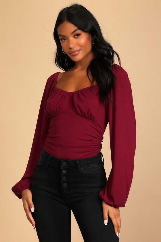 Wine Red Top - Ribbed Top - Long Sleeve Top - Ruched Top - Lulus