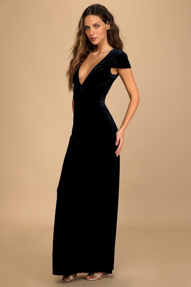 Bitablue Women's Navy Blue Velvet Dress - Back Zip, Embossed, Butterfly Frog Fasteners, Knee-Length