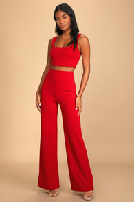 Only Tonight Red Two-Piece Wide-Leg Jumpsuit