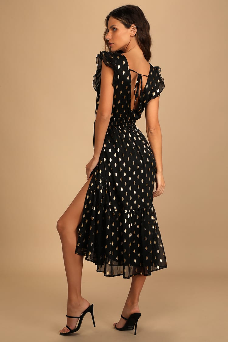 Black and Gold Dot Dress - Chiffon Midi Dress - Ruffled Dress - Lulus