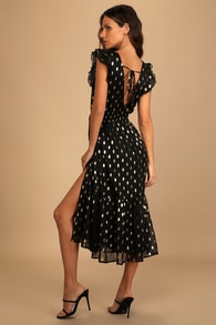 Cause to Celebrate Black and Gold Dot Ruffled Tiered Midi Dress