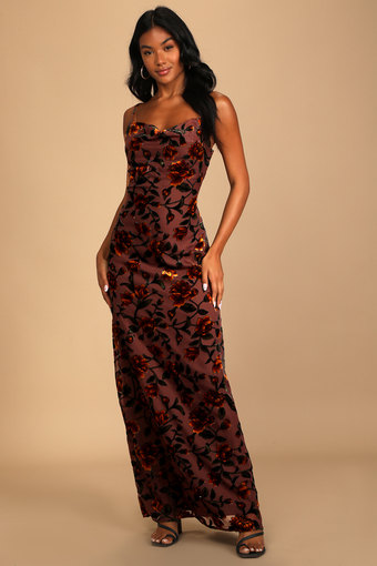 Romance in the Making Plum Purple Floral Print Velvet Maxi Dress