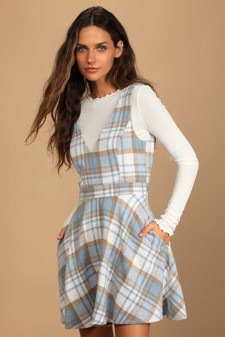 Blue Multi Plaid Dress - Skater Mini Dress - Dress with Pockets - Lulus