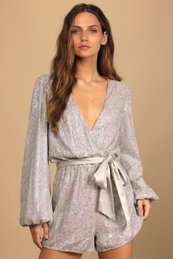 clara iridescent sequin romper in lilac