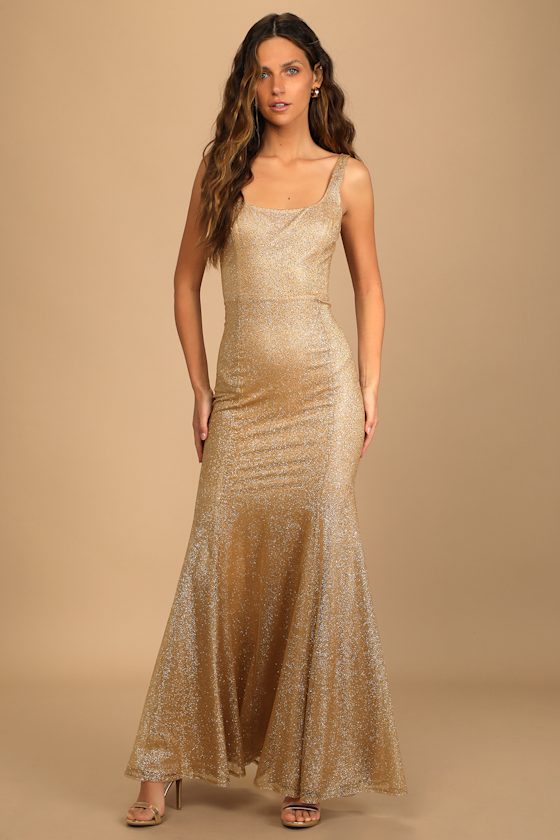 Storied Starlet Gold Glitter Sleeveless Mermaid Maxi Dress 1