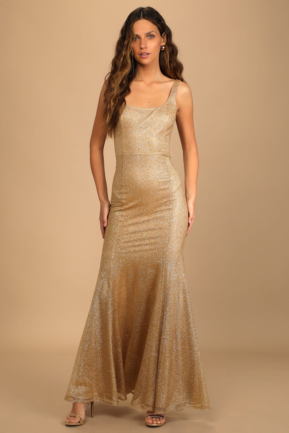 Storied Starlet Gold Glitter Sleeveless Mermaid Maxi Dress