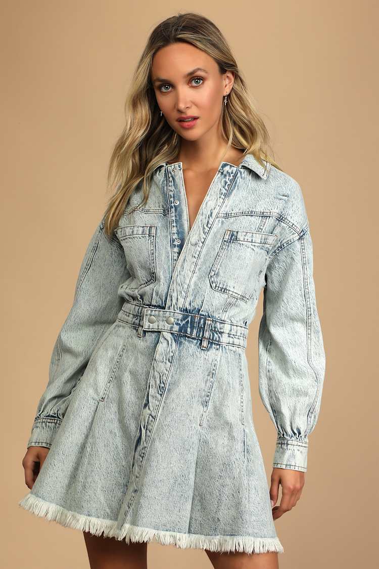 Free People Chain of Command - Denim Dress - Light Wash Dress - Lulus
