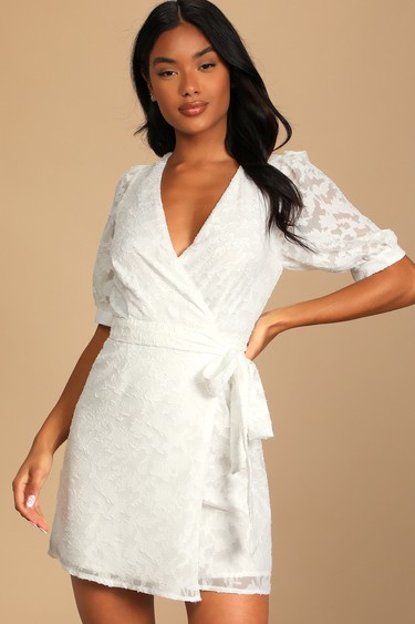 A Way with Elegance White Floral Jacquard Puff Sleeve Wrap Dress