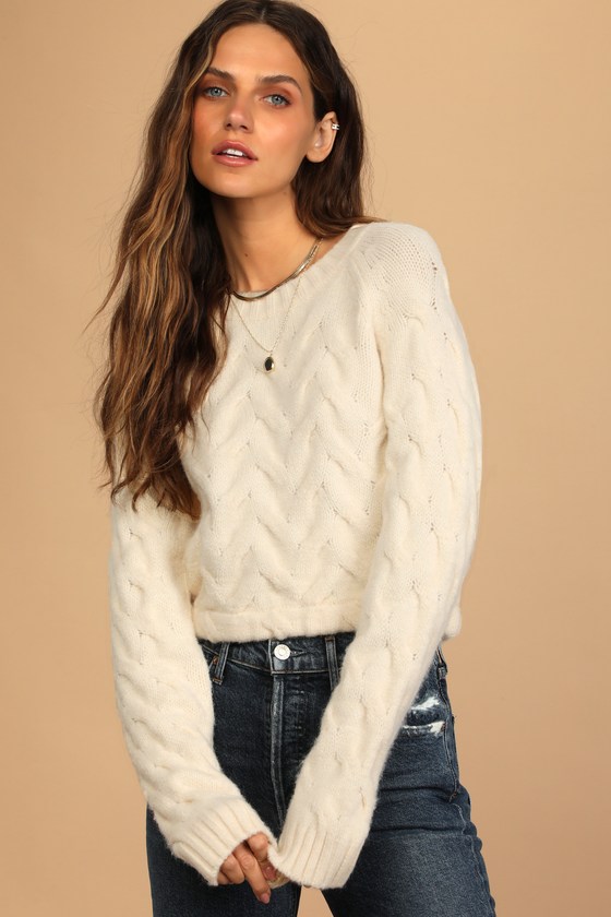 Cream Knit Sweater Cable Knit Sweater Cropped Sweater Lulus