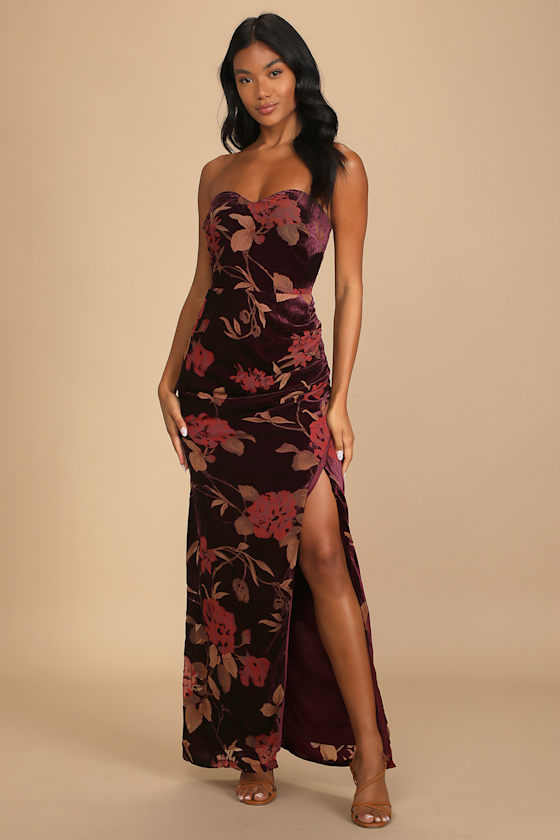 Exquisite Plum Purple Floral Burnout Velvet Strapless Maxi Dress 4