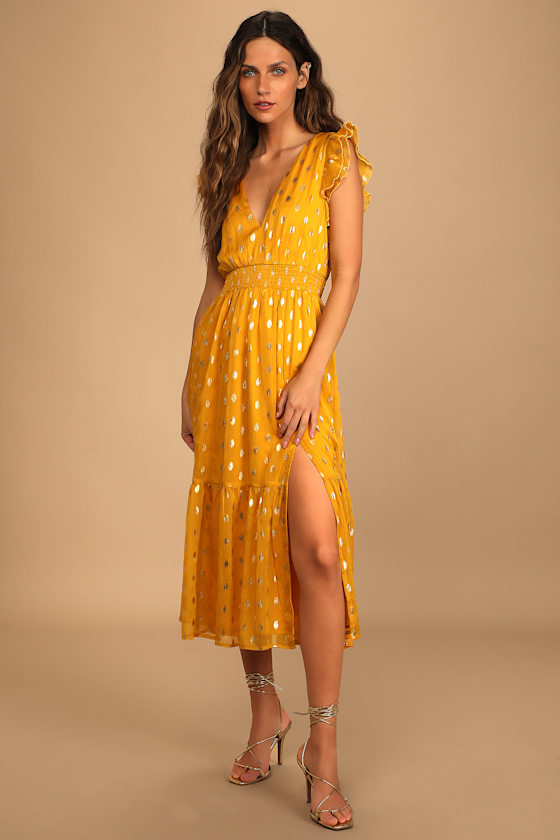 Yellow and Gold Dot Dress - Chiffon Midi Dress - Ruffled Dress - Lulus