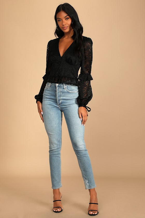 Call Me Romantic Black Lace Ruffled Long Sleeve Top 1