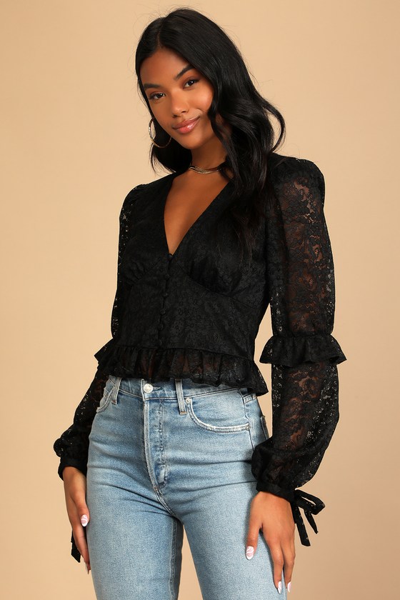 Call Me Romantic Black Lace Ruffled Long Sleeve Top