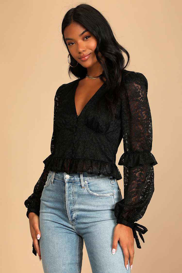 Black Long Sleeve Top - Lace Top - Ruffled Top - Long Sleeve Top 