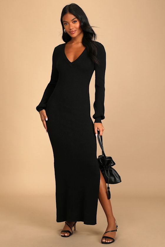 Fall Afternoon Black Ribbed Knit Long Sleeve Midi Sweater Dress 4