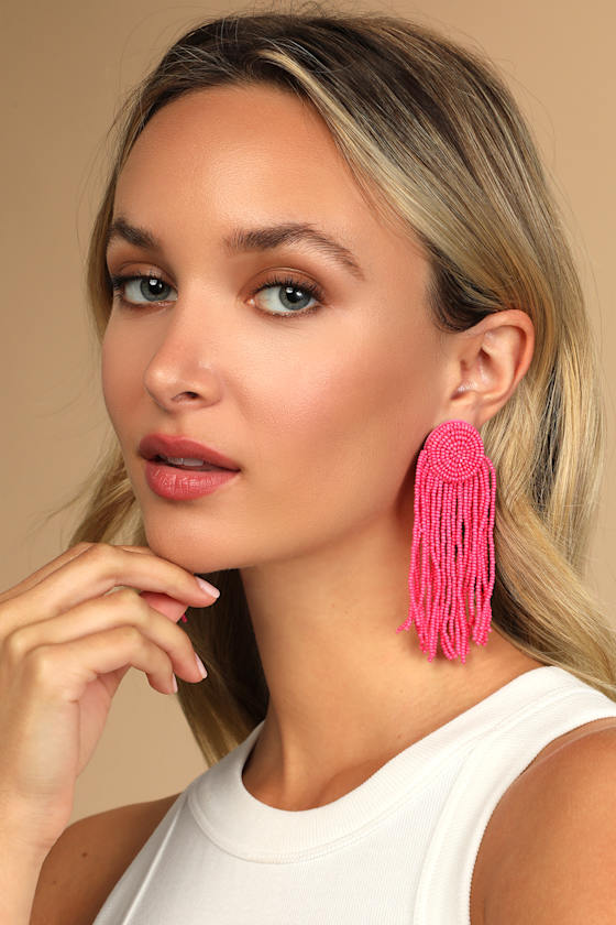 Bright and Bold Pink Beaded Fringe Earrings 1