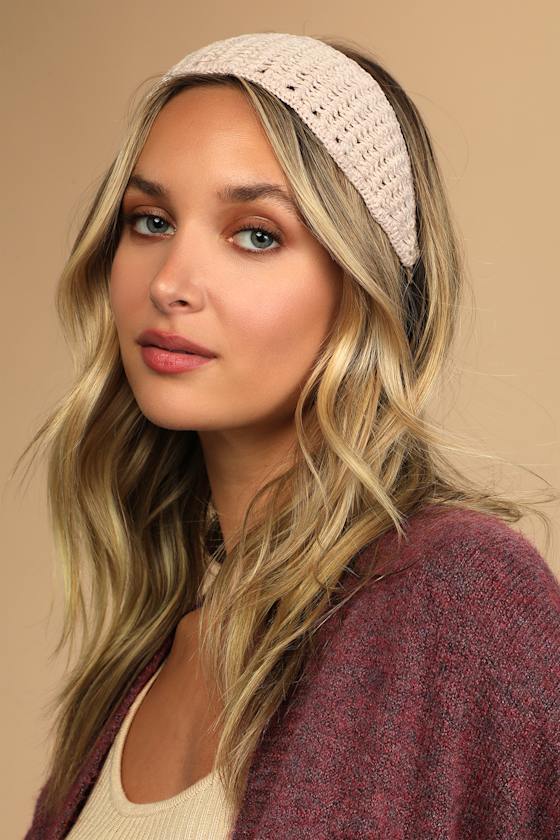 Peace and Love Beige Crochet Tie-Back Headband 1