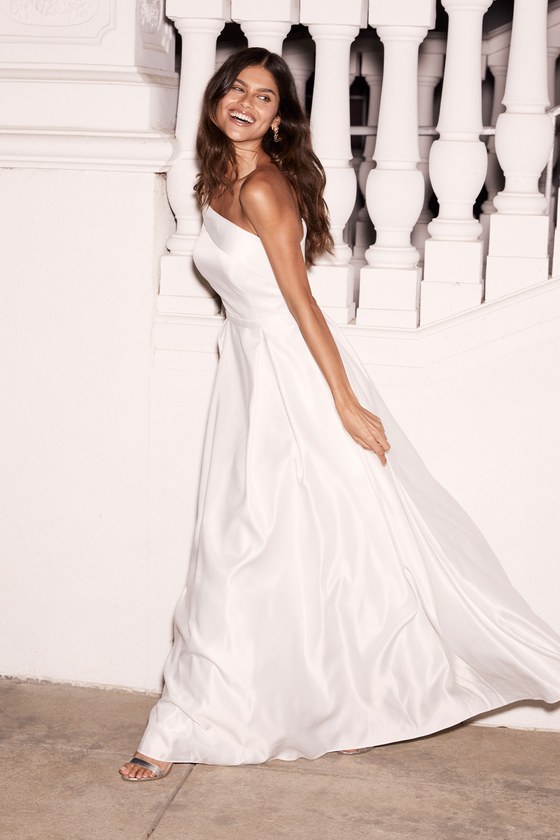 Love Conquers All White Satin One-Shoulder A-Line Gown