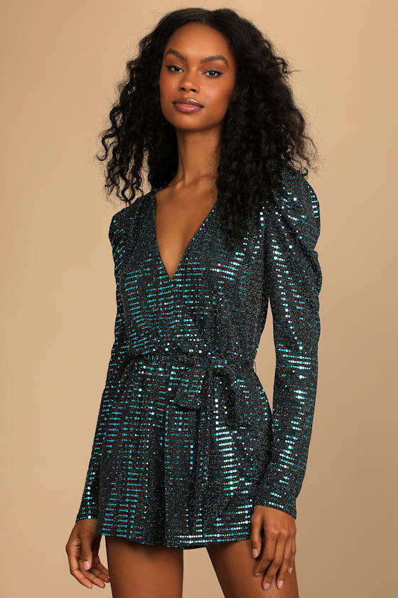 Bettie Turquoise Metallic Long Sleeve Romper 4