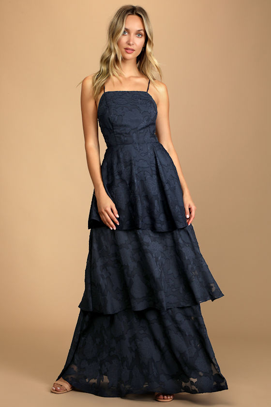 Loving Celebration Navy Blue Lace-Up Tiered Maxi Dress 4