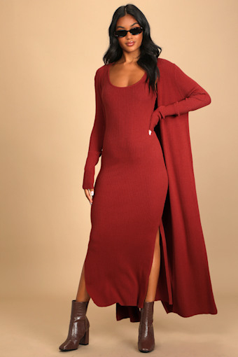 Layer Lover Rust Red Ribbed Knit Two-Piece Dress & Cardigan Set 5