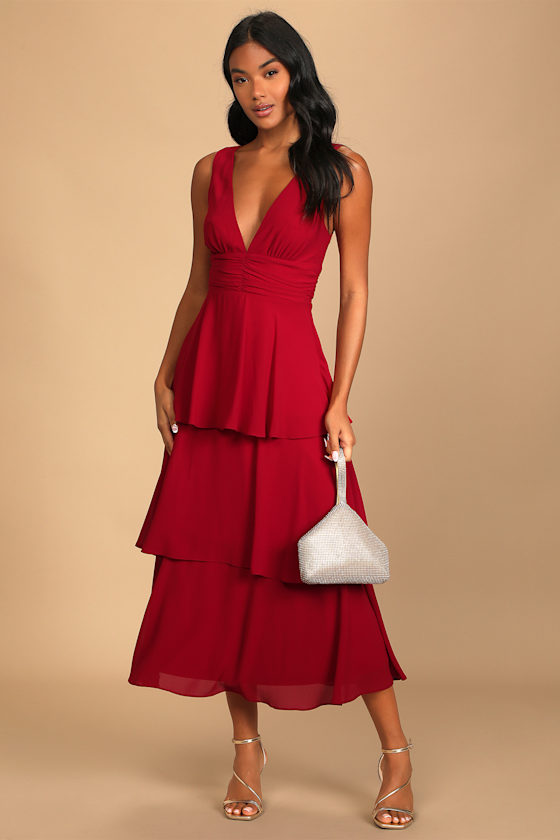 Celebration Time Red Sleeveless Tiered Midi Dress 6