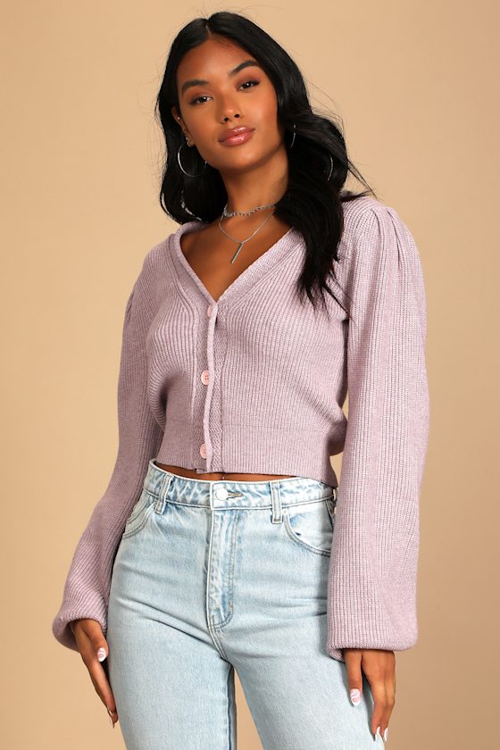 Starting Fresh Dusty Purple Knit Balloon Sleeve Cardigan Sweater