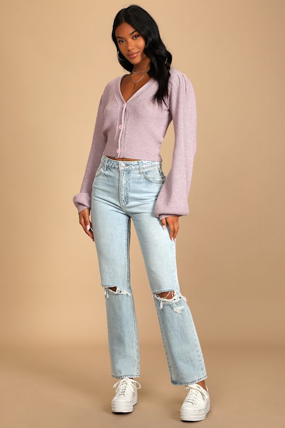 Starting Fresh Dusty Purple Knit Balloon Sleeve Cardigan Sweater 5