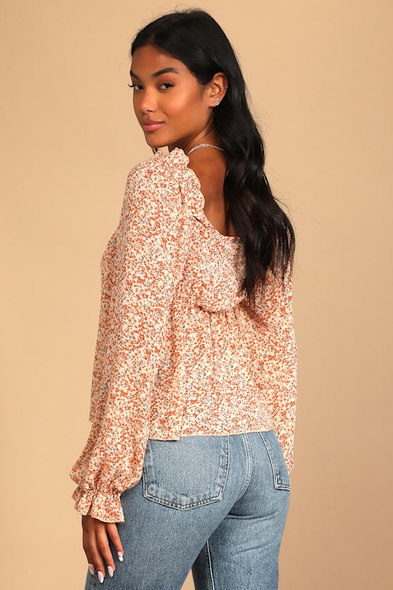 Autumn Blooms Peach Floral Print Ruffled Long Sleeve Top 1