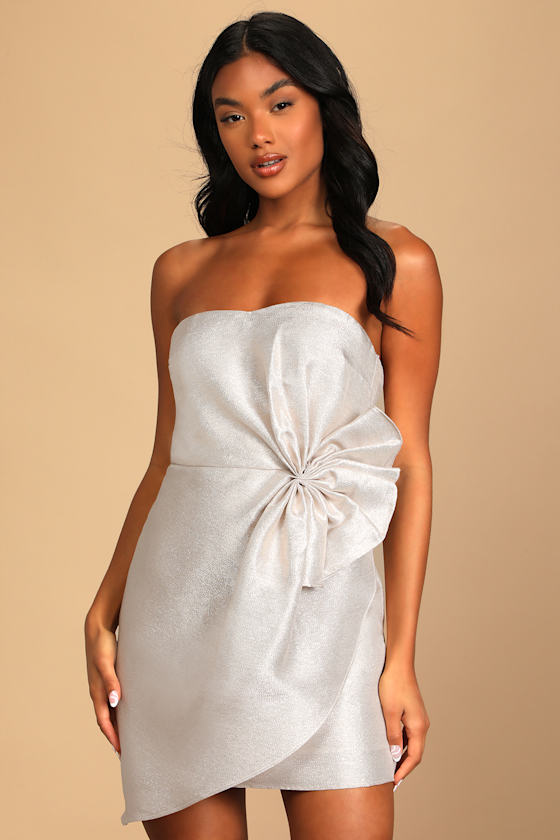 Champagne Mini Dress Sparkly Strapless Dress Bow Detail Dress Lulus
