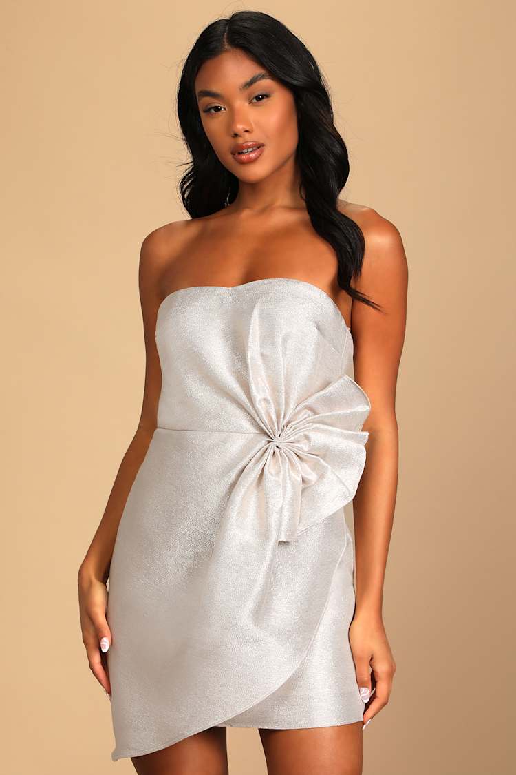 Champagne Mini Dress - Sparkly Strapless Dress - Bow Detail Dress - Lulus