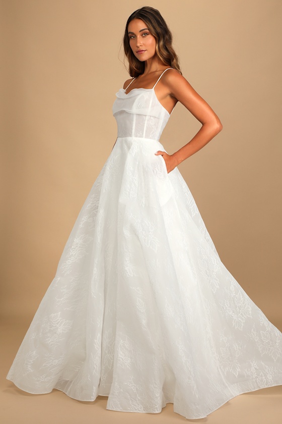Today, Tomorrow, and Always White Cowl Neck Embroidered Gown 6