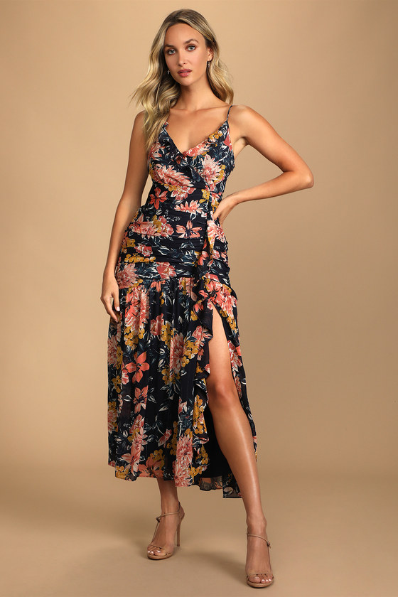 Navy Blue Floral Print Dress - Column Midi Dress - Ruffled Dress - Lulus