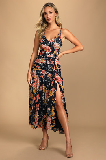 Stunning Soiree Navy Blue Floral Print Ruched Midi Dress