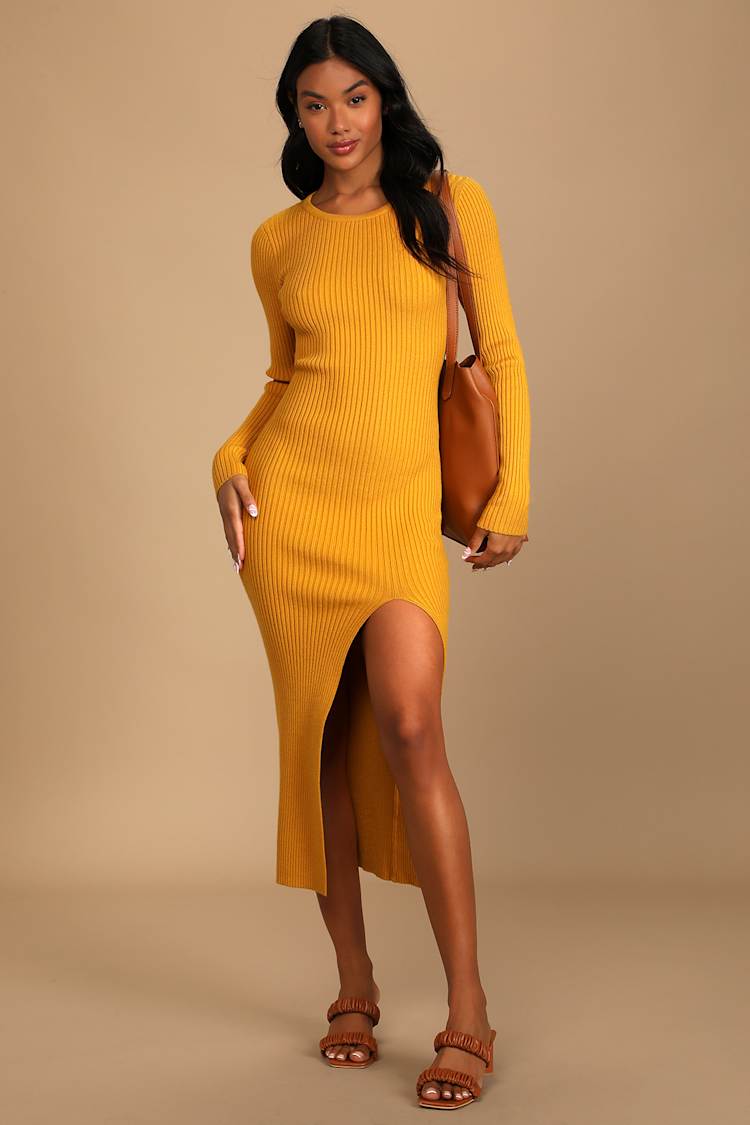 Mustard Yellow Midi Dress - Ribbed Knit Dress - Sweater Dress - Lulus