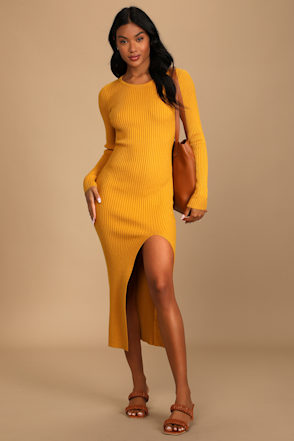 Winter Mustard Knitted Dress Jolene  Sweater Rib Knit Off Shoulder Maxi  Dress Cognac  Ale Accessories