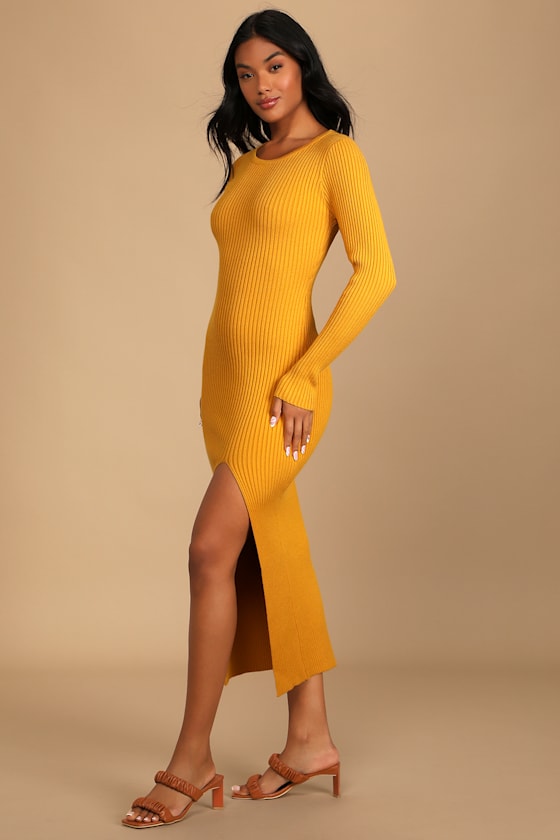 Cozy Destination Mustard Yellow Ribbed Knit Midi Dress 3