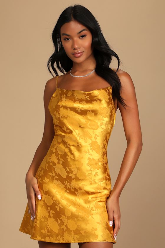 Lulus Close To Your Heart Golden Yellow Satin Jacquard Cowl Slip Dress In Yellow