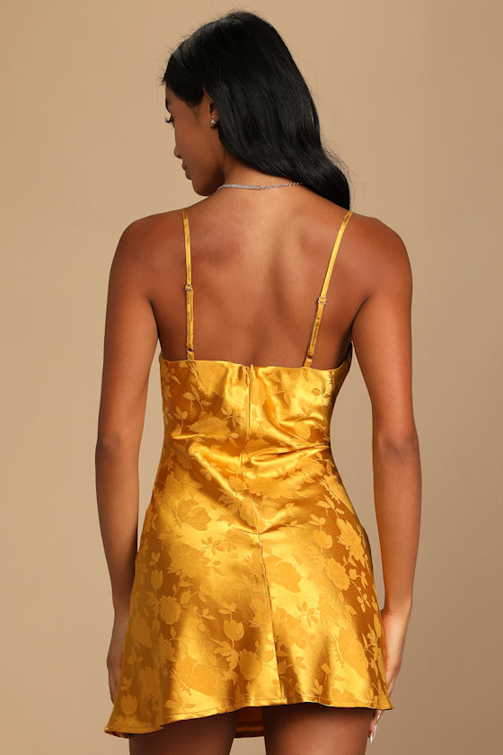 Lulus Close To Your Heart Golden Yellow Satin Jacquard Cowl Slip Dress In Yellow