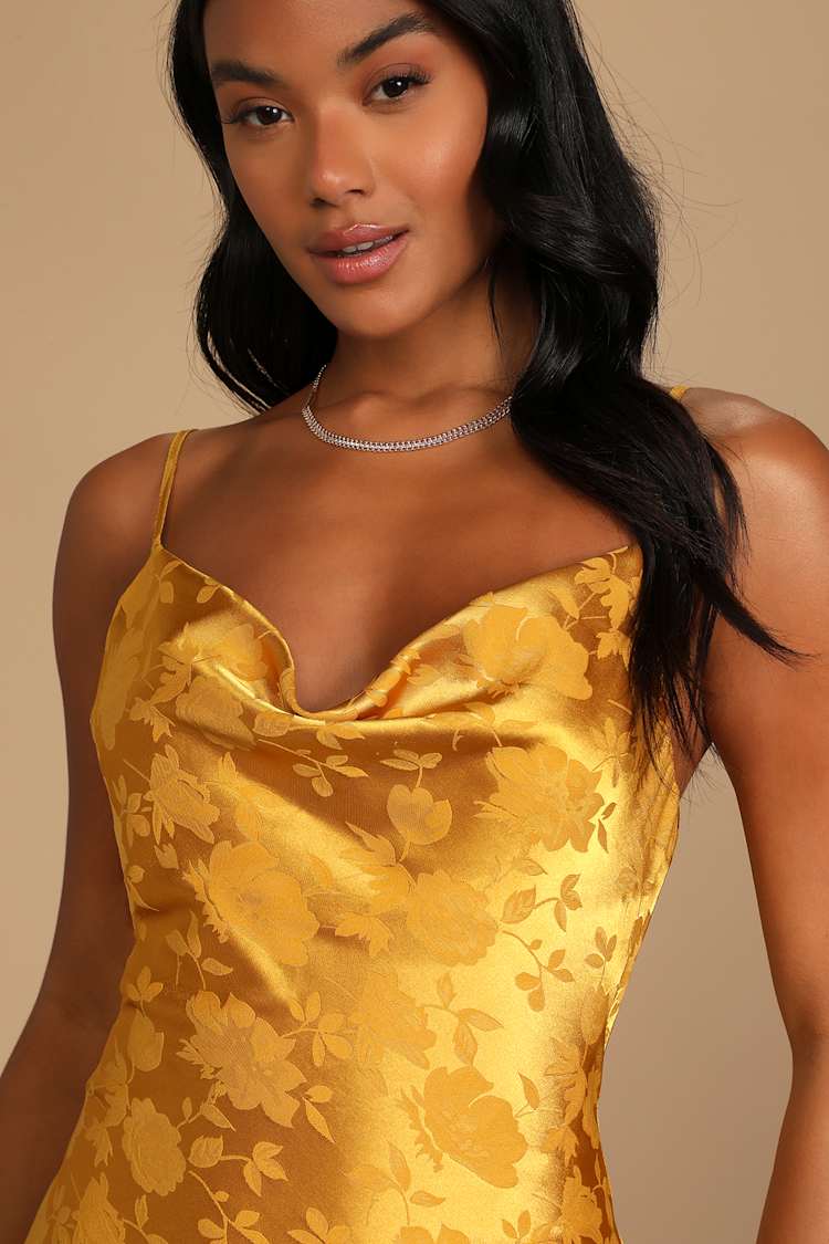 Close to Your Heart Golden Yellow Satin Jacquard Cowl Slip Dress