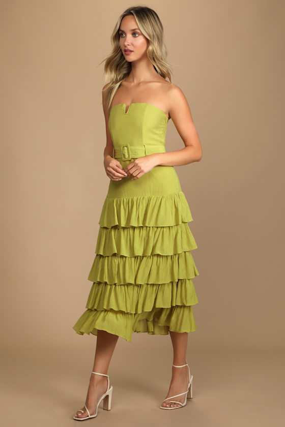Catch a Cruise Lime Green Strapless Belted Tiered Midi Dress 1