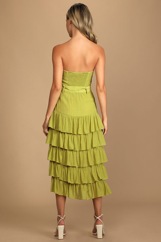 Catch a Cruise Lime Green Strapless Belted Tiered Midi Dress 2