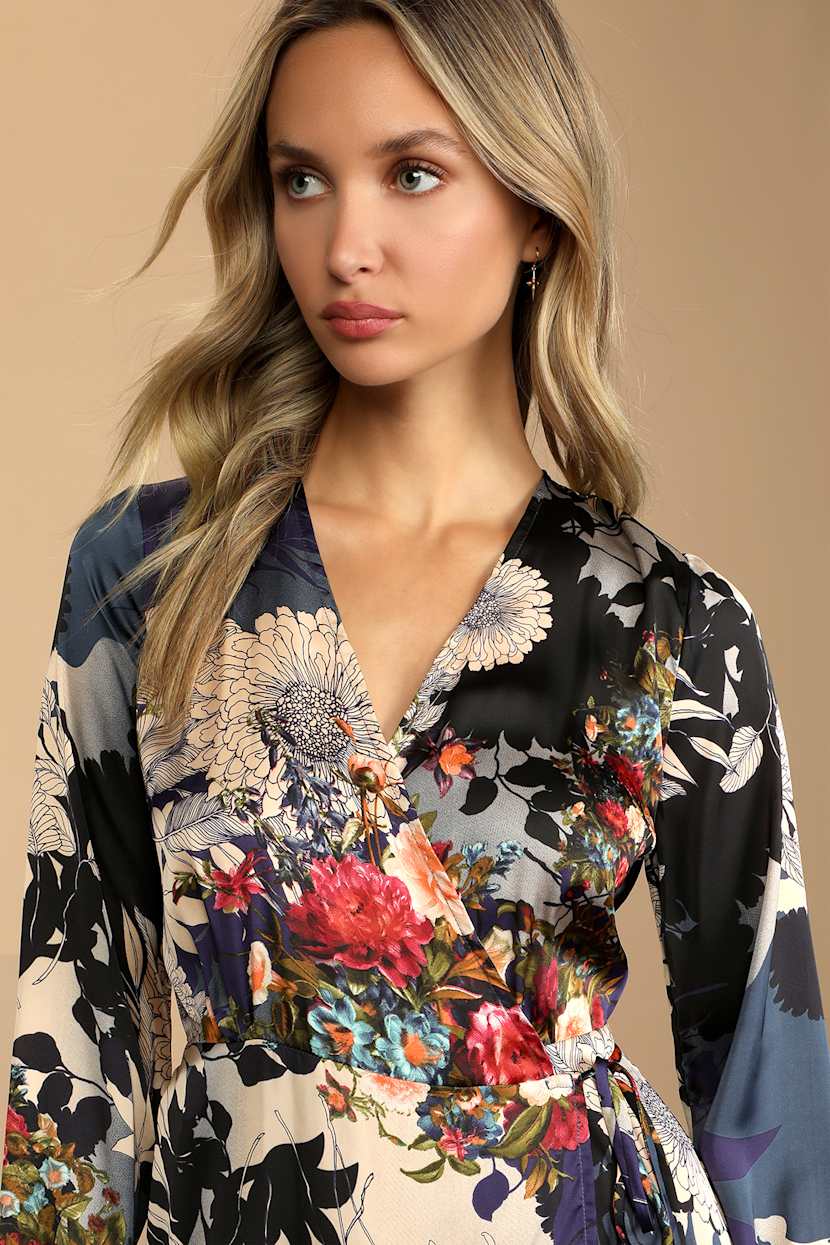 chinese dress ladies Lulus Women's Heart of Marigold Wrap Maxi Dress (as1, Alpha, x_s, Regular,  Regular, Navy Blue Floral Print), Navy Blue Floral Print, XS : Buy Online  at Best Price in KSA main image 1